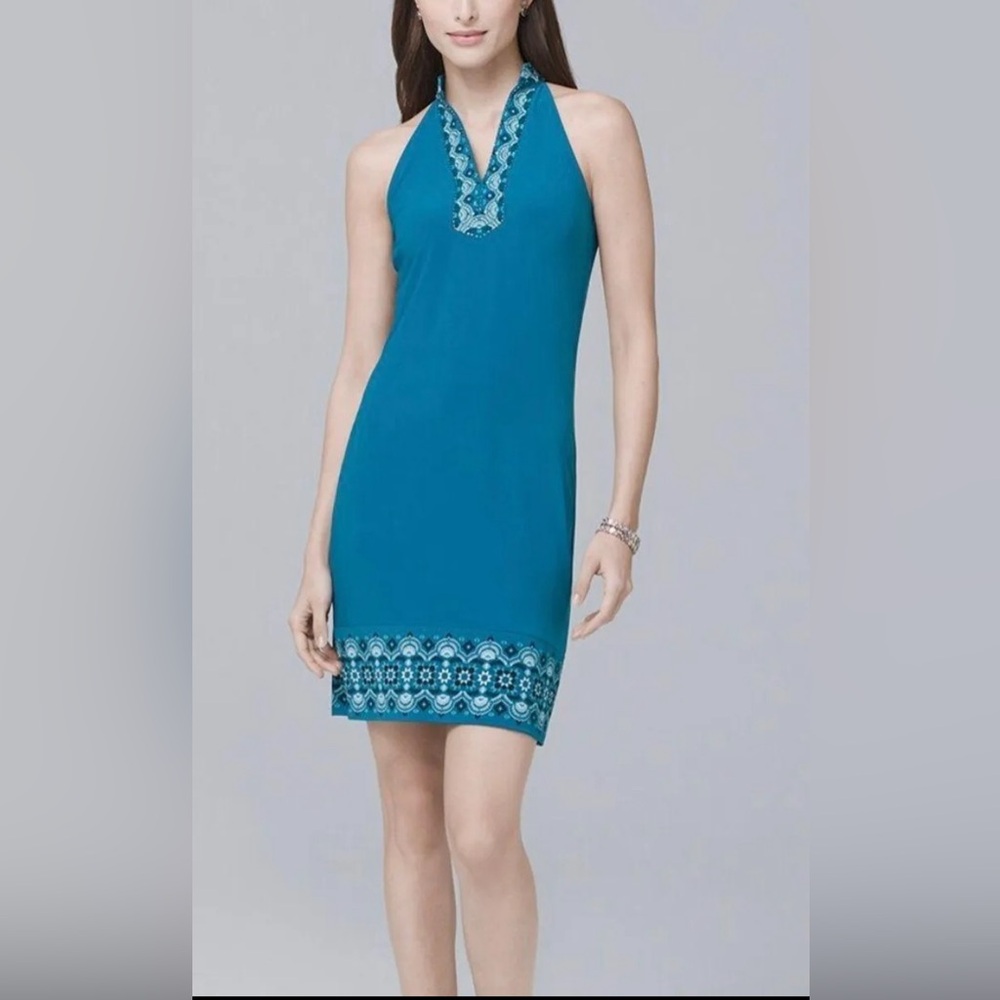 WHITE HOUSE BLACK MARKET Teal Halter Dress Size Medium Wedding Guest Dress